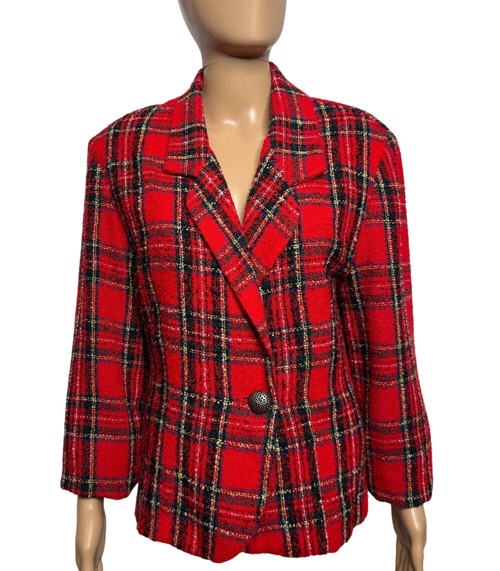 Vintage 1980s Bentley Red Tartan Boucle Blazer Made in USA Womens M-L